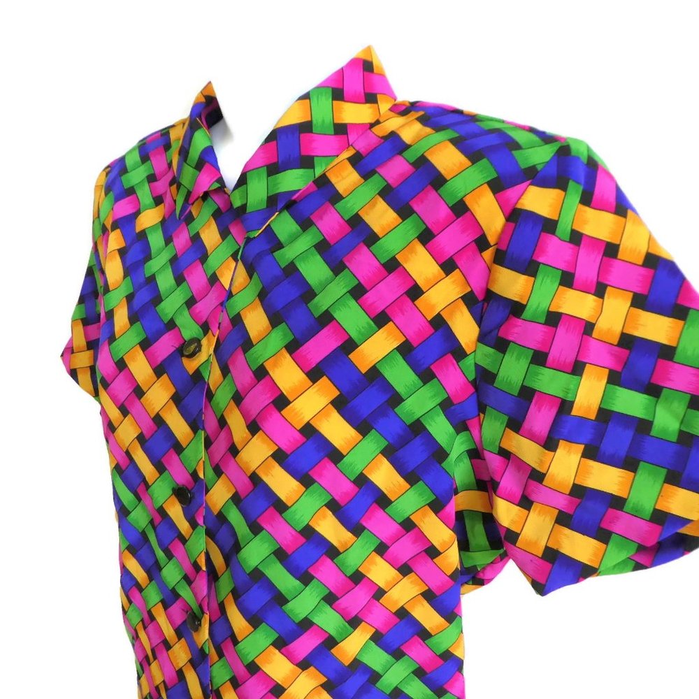 NEW Vintage 70s SG Sport Blouse Basket Weave Neon Pads Short Sleeve USA M